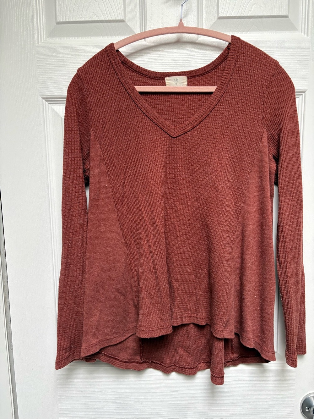 Anthropologie V-Neck Waffle Knit Long Sleeve Top - Brick Red